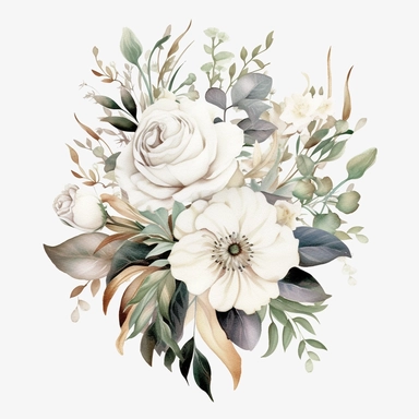 one white floral bouquet Watercolor clipart with white background and leaves by sarah tuscany, in the style of digital gradient blends, dau al set, decorative borders, ue5, black background, kinuko y. craft, ephemera, no watermark, text, 300 DPI , typography, shapes do not stick together, no text in the picture, on a white background
