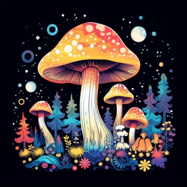 Magical Mystical Mushrooms clipart, vector, contour, vibrant, detailed, beautiful,32k , outlined, floral, forest, moon, star graphic design, Acrylic paint, white flat background, flat