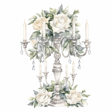 Hand drawn tall 3 tiered crystal candelabra wedding centerpiece, white roses and white flowers with greenery, sparkly crystals, glamorous, very detailed and realistic, watercolor, clipart style, white background with margins