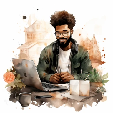 watercolor happy black writer man clipart on a white background