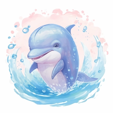 Cute kawaii clipart of a dolphin, full body, friendly, anime style,soft color blending, rounded, n the style of illustrations for children's book, drawing and watercolor painting style, i can't believe how beautiful this is, cute and dreamy, pastel colors, lively seascapes with corals in background, flowing brushwor