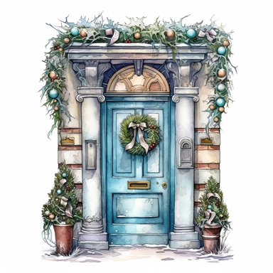 Front Door with Christmas style by Lucy Fleming, watercolor, smooth gradients, black contour outline, ultra detailed, clipart elements, delicate pastel colors, solid white background, super clear, high quality