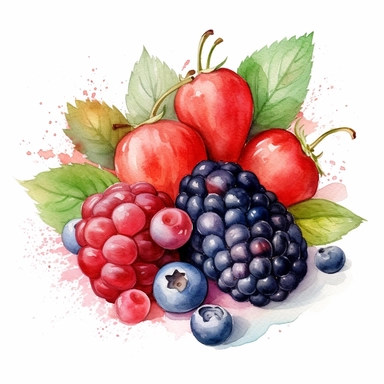 watercolor colorful clipart of a fresh bunch of summer berries, hd, on white background