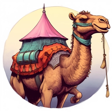 camel with tent howdah, C. M. Russell Josh Kirby Mad Max Lord of the Rings, enamel punk zine indie retrowave, clipart illustration, circular solid background circular border