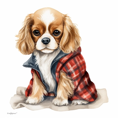 create various styles in many poses of a beautiful original high quality highly detailed watercolor clipart image of a very small happy and adorable king charles cavalier puppy wearing a red plaid sweater, include high detail to the puppys fur and eyes, include fall colors, white background, no text, no font, no word