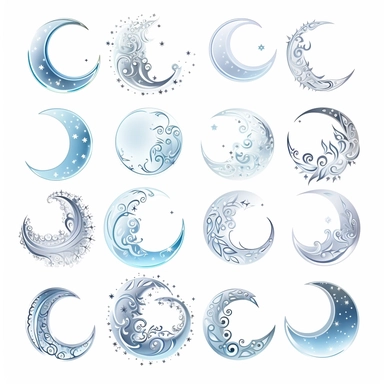 beautiful moon symbols in white, pale blue and silver, white background, vector-style, clipart collection