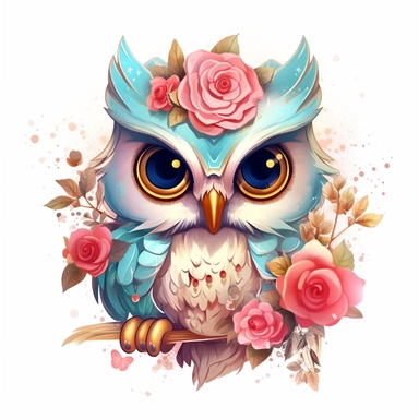 Cute Owl with gold rose clipart, in the style of pink and aquamarine, feminine portraiture, sparklecore, chinese painting, floral explosions, flickr, whimsical cartoon-style, white background, sticker