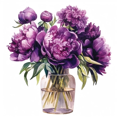 Bouquet of beautiful large dark purple peonies in transparent vase, standing in front of the the french door open to the french south of france garden, clipart, watercolor Illustration, Sublimation graphics, by Beatrix Potter, single design, print on demand image, PNG transparent background, white background, 8k