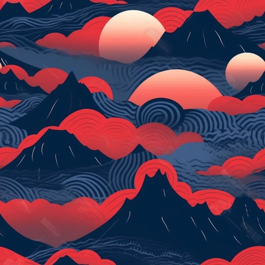 chinese mountains clipart, red moon, one color background, blue predominant, seamless patern
