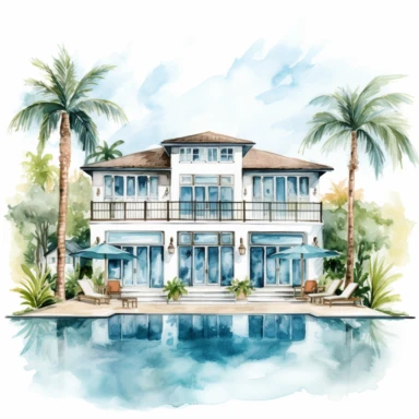 one watercolor villa, clipart, wedding venue, big windows, pool, miami style, white background