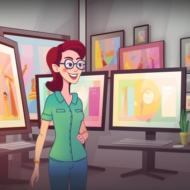 a beautiful smiling female artist standing in front of LED monitors with beautiful brightly colored cartoon clip art displayed on them in an art gallery setting , 4k