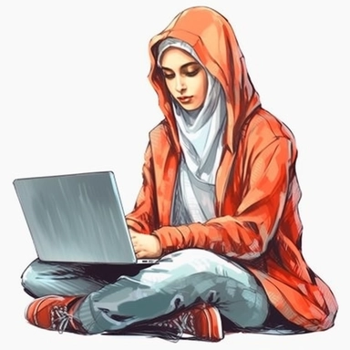 muslim girl working on a laptop, cool hacker clothes, watercolor style, clipart solid white background