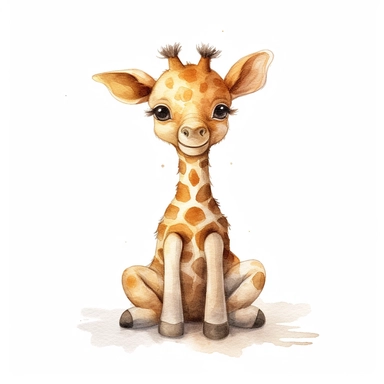 cute baby giraffe, full body, sitting, cartton, animation, watercolours, boho, minimalistic, white background, clipart