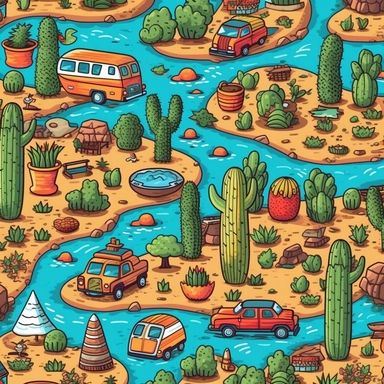 make a clip art seamless pattern of cactus' pineapples, the beach, a lake, wildflowers, watermelon, campers, sunshines, hd