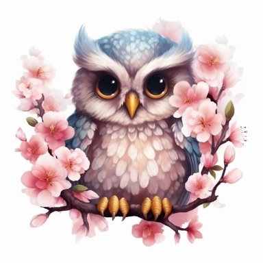 Sticker. A baby owl sits on a various flower tree with big eyes whole body watercolor illustration abstract fantasy background shadow for clipart ultra detail, high quality, 8k, hd quality