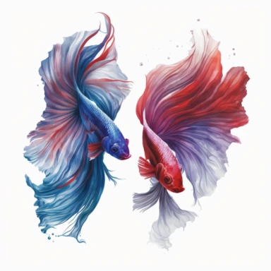 red and blue pair betta fish, light watercolor clipart, isolated on white background, James Jean and Peter Mohrbacher, no text, no captions