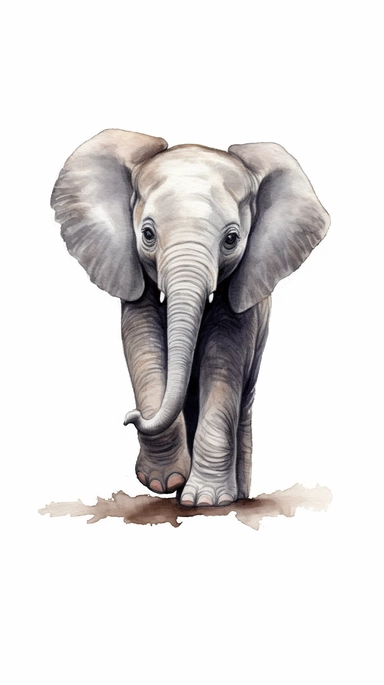 worlds cutest, adorable, realistic, life like image of a baby elephant with his trunk raised, watercolor clip art, white background ,artist rendition, sharp focus, extreme detail,