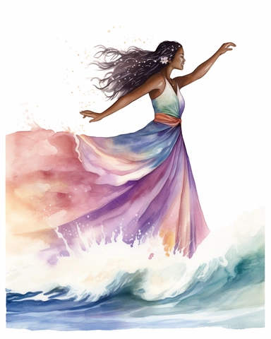 delicate watercolor pastel clipart of a Hawaiian hula dancer dancing in front of huge waves on the beach