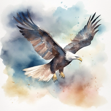 Create a watercolor clipart of an eagle soaring through the sky with wings outstretched. The eagle should be depicted in a majestic pose, with its beak slightly open and its talons visible. The sky should be painted in shades of blue and white, with a few clouds in the background. The overall effect should be serene and awe-inspiring. Please use your artistic skills to create a visually stunning image that captures the spirit and power of this magnificent bird.