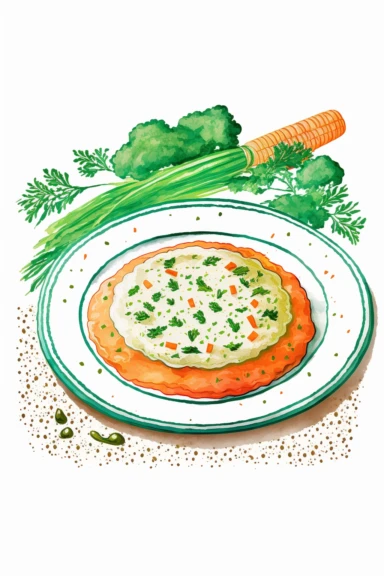 a plate with greens, and small carrots and mashed potato on a plate, standing on a table, view from side, illustration for a children book, watercolor, vector clipart, rich colors, isolatet on white background