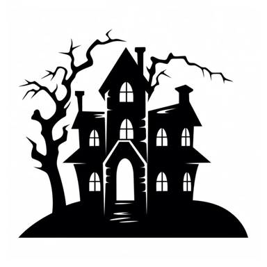 black and white silhouette of a haunted house icon, clipart style, white background, thick lines, vector, simple design, flat colour, solid colour, halloweencore, from a distant perspective