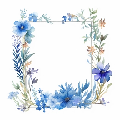 complex watercolor illustration of beautiful frame made of bohemian blue floral wildflowers, shaped in a rectangle form, isolated ,concept,art,8k,hd,watercolor,detailed,white backround,clipart