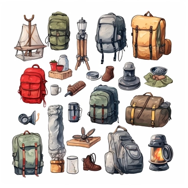 watercolor, Camping, and hiking items set. Summer travel and picnic stuff. Tourism and adventure accessories. Camera, holiday backpack, campfire, trailer. png Full body realistic cartoon in 32K UHD cute. 15 cm thick outline. Black color. There was no shadow on the ground. 8k with realistic watercolors and detailed illustrations. PNG clipart, transparent white background