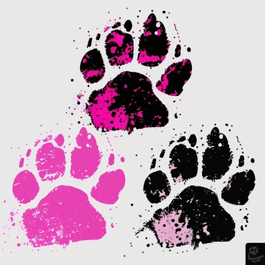 Design a sequence of panda paw prints clipart using only the colours neon pink, black, and white, traversing across a plain white background, from left to right. The paw prints should exhibit a beautiful watercolor style, with the edges in a vibrant neon pink that subtly transitions into soft white towards the center, enhanced with slight black accents.