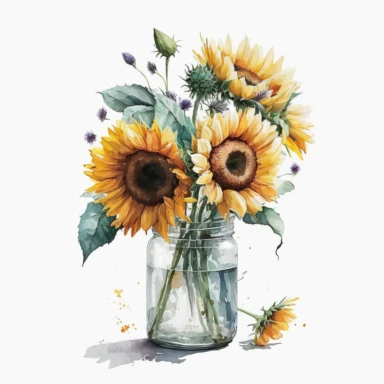 watercolor sunflower clipart, sunflower floral bouquet, white background, sunflower bouquet in the tall jar with water, no caption,