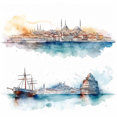watercolor istanbul golden horn panaromic view seeing the both banks and modern time ships , illustrations clipart set, simple, , cartoon elements ,different variants , separate elements with a margin
