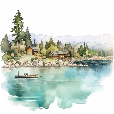 Lake Tahoe on a beautiful summer day, coastal clipart, watercolor Illustration, Sublimation graphics, by Beatrix Potter, Watercolor clipart, single design, print on demand image, PNG transparent,clear background, watercolor styles white background for removing background - - no text shadow font watermark