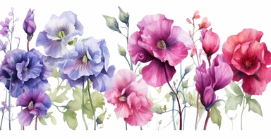 Watercolor realistic Hollyhock, iris, morning glory orchid and peony floral cliparts with white background