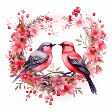Romantic Clipart, Anniversary Celebration, Heart Wreath, Love Elements, Red and Pink Colors, Wedding Rings, Lovebirds, Watercolor, single design,