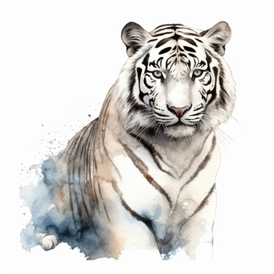 Majestic white tiger with black stripes, watercolor, clipart, on isolated on white background.
