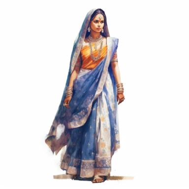 watercolor style, full body view, beautiful woman from India wearing traditional clothes, very detailed, realistic, clipart, isolated on white background, 4K
