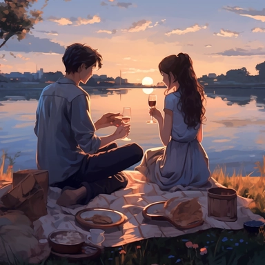 a young couple on the picnic by the lake, eating and drinking wine, sunrise, in the style of anime art, anime style, painterly style, cute and dreamy, highly realistic, cartelcore, high resolution, flat, gray and bronze, blue and bronze, detailed clipart, uhd image, view from the back