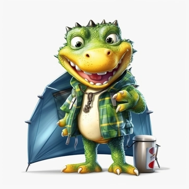 cute Crocodile character wearing camping clothes and camping gear with happy face,front facing on isolated background,with happy face and expression,Animal Sublimation Clipart,no splash watercolor,white background, ultra detailed clipart, cut out image, colorful watercolor realistic, cartoon style, ultra HD, sharp and clean art