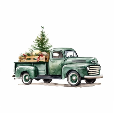 vector watercolor hyper realistic vintage classic dark green Christmas truck clipart on white background, Christmas truck with presents, photorealistic, realistic, detailed watercolor style, on white background