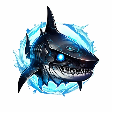 a glowing tribal shark with blue lights on his eyes, tribal animals, in the style of manhwa character design, master of shadows, burned/charred, himalayan art, dark black and light azure, clipart, on white blackground