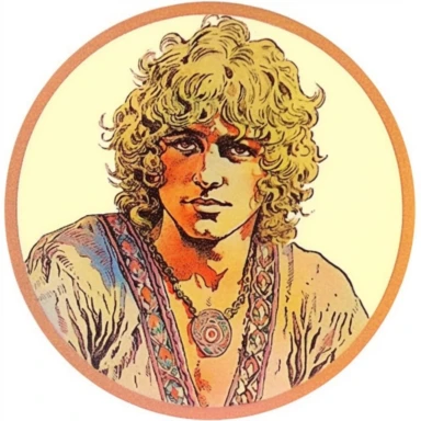 desert Persian Irish civilian, Josh Kirby Mad Max Lord of the Rings, handpainted enamel punk zine indie retrowave, clipart illustration, circle white background, circle border