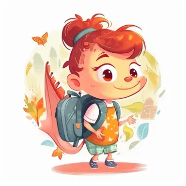 Characters Cute little dragon girl with backpack on her back goes to school on school background, kid style, 2D, vector, good quality, Pixar children's book illustration, vector, cartoon character, hand drawn, clip art