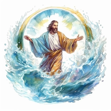 Fantasy Jesus Christ opening a river through the middle, water waves on the sides, Jesus christ in the middle, watercolor style clipart, solid white background