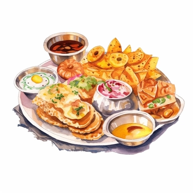 watercolor clipart illustration on a white background of Indian Cuisine: Depictions of traditional Indian wedding foods, such as biryani, samosas, or sweets like jalebis.