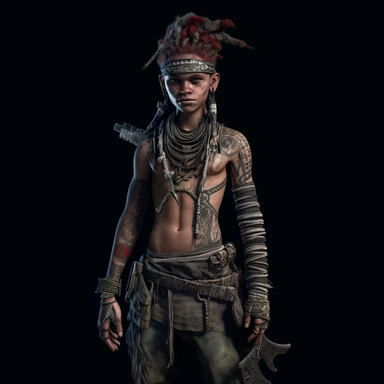a young white male, full body shoot, wearing tribal clothing and doll head necklace post apocalyptic, unreal game engine style, different poses, detail, clipart, black background, one of a kind--ar 16:9