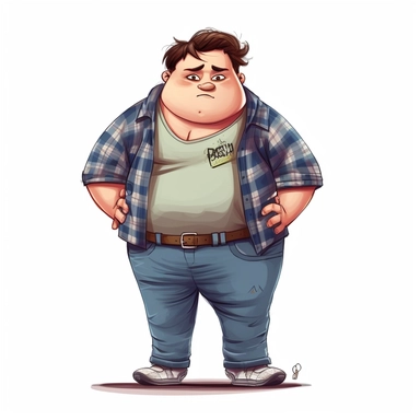 cartoon clipart funny style of very overweight 15 year old boy in dirty clothes.