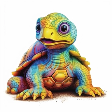 Cute Beautiful Happy Face Rainbow Baby Turtle is sitting full body Sublimation Clipart ,very detailed , Cartoon,hyper realistic, intricate detail, illustration style,high solution,on the white background
