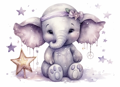watercolor cute little baby elephant holding a romantic cute star, in the style of light silver and light purple, victorian-inspired illustrations, nature-inspired pieces, 5 sets of clipart of different playful compositions, plush doll art, high resolution, isolated on a white background