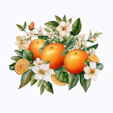 This highly detailed watercolor clipart features a captivating orange fruit surrounded by delicate leaves and blossoms in the background. The artwork exudes a serene and natural ambiance with its neutral color palette, presented against a clean white backdrop. The orange is meticulously rendered, showcasing its textured peel and vibrant hue, while the surrounding leaves and blossoms add a touch of botanical elegance. The watercolor technique adds depth and realism to the clipart, creating a visu