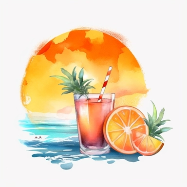 Clipart, png, watercolor, Immerse yourself in the brilliance of the sun as it paints the sky in shades of orange and pink during breathtaking sunsets. Feel the refreshing breeze caress your skin as you sip on a deliciously fruity cocktail, adorned with tropical fruits and colorful umbrellas. Discover the fascinating marine life through vibrant illustrations of tropical fish, seashells, and coral reefs.