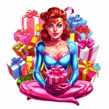 Create a clipart image of a female superhero character receiving birthday presents. Depict the superheroine surrounded by beautifully wrapped gifts of different sizes and shapes. Include a joyful expression and a white background.